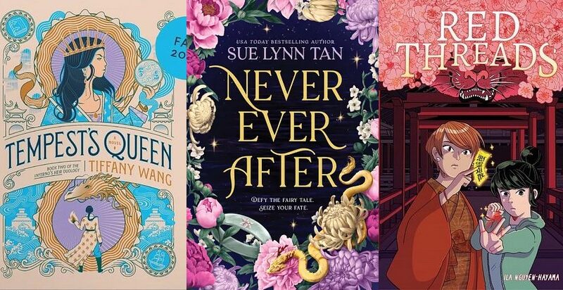 A collage of the book covers for NEVER EVER AFTER, RED THREADS, and TEMPEST'S QUEEN.