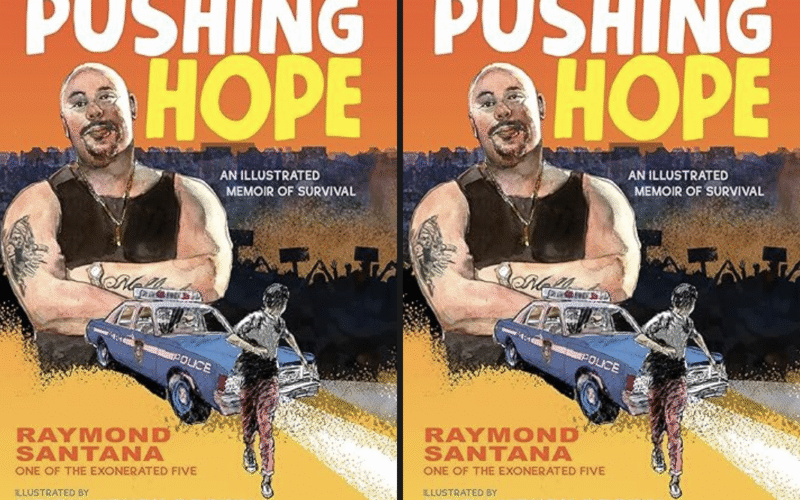 Two images of the The book cover of Pushing Hope. In each, a man with tattoos wearing a black tank top stands with arms crossed and is out of proportion to a police car in front of him. The car has lights on and is chasing a young person who is running while looking back at the car. In the background there are dark shadows of people protesting with arms and signs raised.