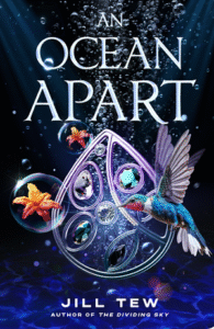 The book cover of An Ocean Apart. The background is very dark blue. There are bubbles Some of the bubbles have flowers inside them. There is also a hummingbird fluttering near a teardrop shape.