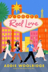 The cover of Reel Love has four people walking on a sidewalk with buildings and a palm tree behind them.