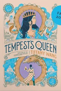 The book cover of Tempest's Queen. The top of the card has a circle and a young woman with wavy dark hair and a gold crown. She is glaring at a ball in her hand. The bottom also has a circle but that is when you realize that the circles are a dragons long body wrapped around since this circle closes with the head of the dragon. In the center of the bottom circle is a young woman with a braid and we see her from the back. She has a wide stance and a fluttering robe. There is a flame in her left hand. 