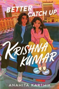 Two young people are sitting on the hood of a blue car together. There is a city behind them that has a pink light to it. The person on the left is in a zippered hoodie and long dark pants and has dark shoulder length hair and has a slight smile. The one on the right has a pink blouse on and long yellow pants. Her hair is longer and she has dangling earrings. She has a slightly wider smile.