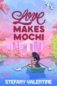 Book cove of love makes mochi. Two young people are in a rowboat on a river heading toward a background of a cityscape with Mt. Fuji behind it. They have a black parasol over them. The one on the left has short green hair and the one on the right has slightly longer black hair. They are in each other's arms and are staring into each other's eyes.