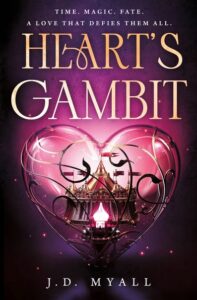 Illustrated cover for Heart's Gambit. An old-fashioned red, white, and gold tent that you'd expect royalty to have is lit from within by a pink, glowing light. It is in the center of what looks like a gold filigree heart. The light illuminates the top of the heart, and there are little pink spots of light surrounding it, almost like fireflies.
