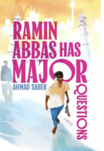 Book cover for Ramin Abbas Has MAJOR Questions. A young brown skinned man is standing holding a pair of shoes in one hand. He is barefoot and wearing sun glasses. The title is taking up most of the cover. In the background is a skyline. 