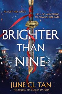 Book cover of Brighter than Nine. The tag line says He lost her one. He'll do anything to change her fate. In the center is a broken sword with a red ribbon wrapped around it. In the background are buildings in the dark and a dark night sky. It also says The sequel to darker by four.