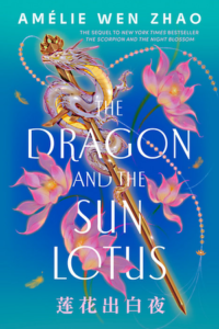 Book cover for The Dragon and the Sun Lotus. There is a thin white, pink, and gold dragon wrapped around a gold sword. There is a blue and green background and pink lotuses dropping through the air around it. There are Chinese characters written at the bottom of the cover under the title.