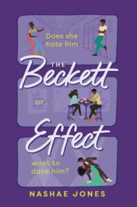 Book cover for The Beckett Effect. The cover is divided into three sections. In each section two young people are in different scenes. In top section it says does she hate him and they are on opposite sides of the room and she has a hand up like to say stay away. The second section says or and they are sitting at a table together and in the bottom section it says want to date him. In that final section, they are in formal wear dancing together and he is bending over holding her in a dip.