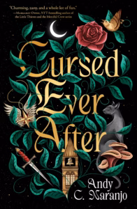 Book cover of Cursed Ever After. The title is in gold on a black background with stars and a crescent moon. There is a bell tower at the bottom with a dagger to the left and wings with a gold star pendant. On the right is a gray cat and up above is a red rose with a golden bird flying above it. There are green leaves winding around the title and all of the items. 