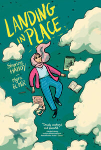 Book cover of landing in place. A young woman is lying on a patch of grass. There are books and a bag and pens around her. She has a scarf around her head. There are clouds around her and the shadow of an airplane. 