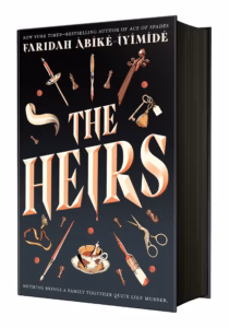 Book cover of The Heirs has a tag line at the bottom Nothing brings a family together quite like murder. The cover has a black background with a golden title. There are lots of items above and below the title. They mostly have a golden, brown or red color. There are chess pieces, some bird shaped scissors and broken teacup and sever paintbrushes, some buttons, a key and part of a stringed instrument. 