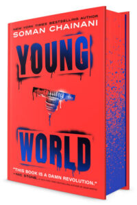 The book cover for Young World. It is mostly red with blue words for the title. Between the tow words is an upside down White House. There is a quote at the bottom by Nic Stone that says "this book is a damn revolution."