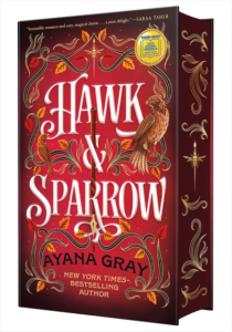 Illustrated cover for Hawk & Sparrow. A fountain pen drips dark red ink. All around it are stylized black vines with red and orange leaves. There are two birds perched on the vines looking at each other. One looks like a bird of prey and one is much smaller.