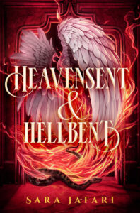 Illustrated cover for Heavensent & Hellbent. A pair of large, white wings hovers over a long, winding snake. Fire swirls between the two as they emerge from what looks like an open door. 