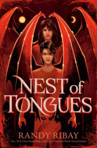 Illustrated cover for Nest of Tongues. Two teenagers stand in the center looking at the viewer, one in front of the other, both with large, bat wings emerging from their backs. Over the wings on the left side is either a sun or a full moon, and on the right is a crescent moon. The cover is almost entirely in shades of red and black.