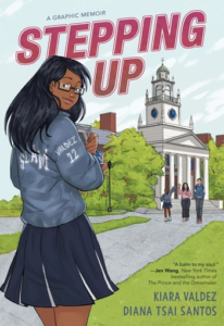 Illustrated cover for Stepping up. A Black teenage girl glances back over her shoulder at the viewer. She's holding school books in her arms and is wearing a gray sweatshirt that says SLAM on the back and Valdez 12 on the right arm. She is wearing a black pleated skirt. In the background are three students leaving a white and brown school building.
