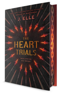 Illustrated cover for The Heart Trials. The phrase "Win love or die trying" is under the title. The title is encircled by red-hot spears in the shape of a heart. 