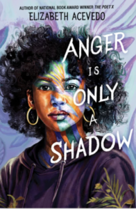 Book cover of anger is only a shadow. A young Black woman with hoop earrings and curls just above the shoulders is staring out with an open gaze. There are streaks of light and color over her face and behind her. 