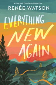 Illustrated cover for Everything New Again. The cover looks like it could be a watercolor painting of a sunset. The sun is dark red-orange on the horizon, with the sky ranging from dark pink to dark blue. There is a forest in the foreground, and a golden trail winding through the greenery, connecting some gold-limned trees.