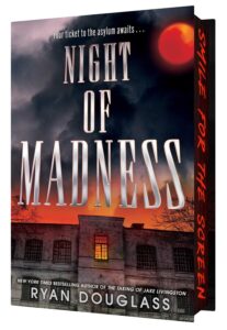 An old building with dark windows is at the bottom of this book cover. Above the title it says your ticket to the asylum awaits.... There is a cloudy dark sky with a red moon. Above the building and below the dark clouds the sky is also red. An orange light is in the center window and all the rest of the barred windows are dark.