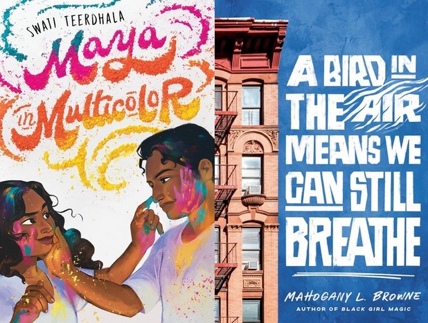 Illustrated cover with the title written in a font that looks like brightly colored powder. A young woman with dark hair has colors on her hand and is touching the nose of a young man with dark hair. He is also touching her face. They have bright colors on their faces and in their hair. Illustrated cover has a small portion of the corner of a brick apartment building. There are four windows one above the other and the edge of a fire escape can be seen. The rest is blue sky where the title is written in a white all cap font. There is a quote from Brendan Kiely. A gorgeous, tender testament to the generation of young people who shouldered the pandemic. The word Air looks like it has wind blowing on it.