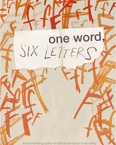Cover for One Word, Six Letters. The background is filled with lowercase and capital f's, all handwritten, in various shades of orange and red. "One word" is in a typed font and all lowercase, but "six letters" is handwritten and in all caps.
