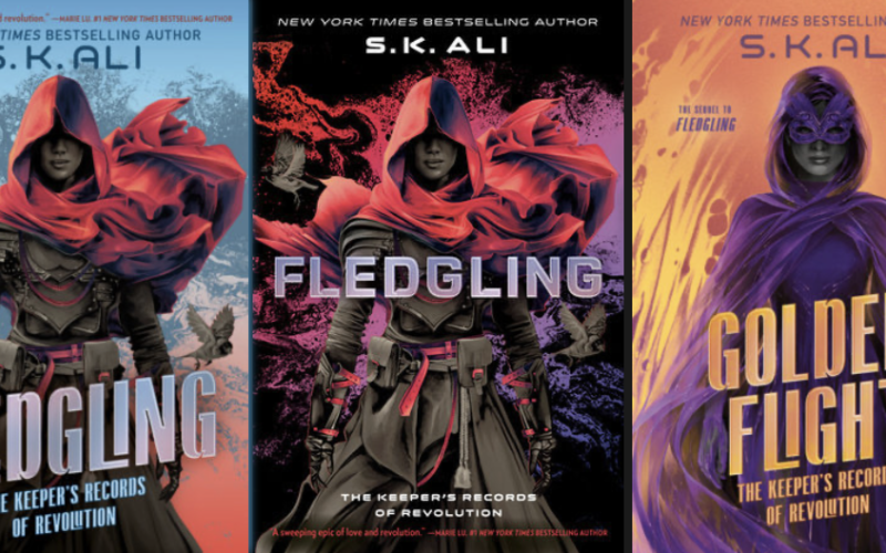 Three book covers. The paperback and hardcover for Fledgling and the hardcover image for Golden Flight.