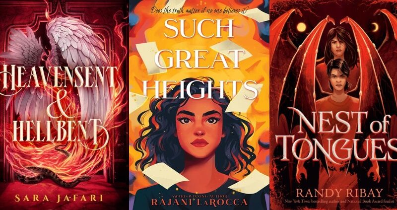 Collage of the book covers for Heavensent & Hellbent, Nest of Tongues, and Such Great Heights.